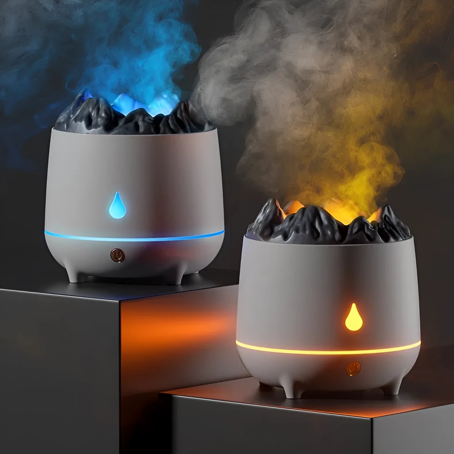 White volcano-shaped humidifier with USB cable on a wooden table, emitting mist.