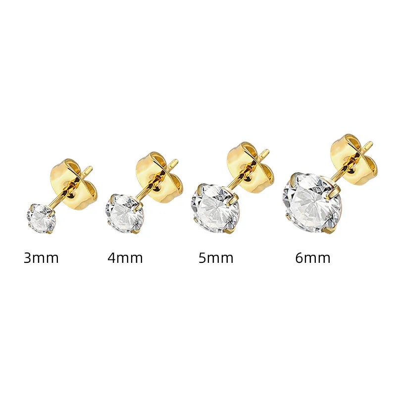 Square geometric stainless steel stud earrings with a round zircon stone, available in steel or gold colour.