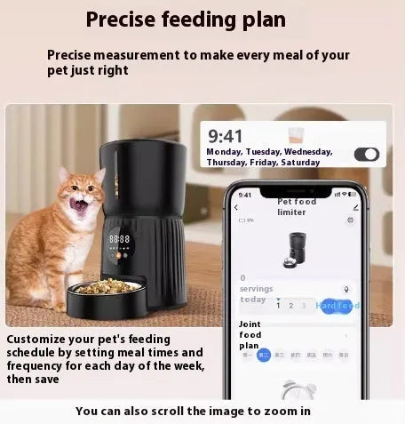 Black intelligent pet feeder with transparent food container showing kibble, digital display, and USB power cable