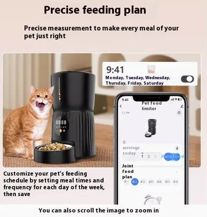 Black intelligent pet feeder with transparent food container showing kibble, digital display, and USB power cable