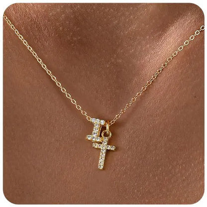 A-Z zircon inlaid letter necklace on a copper regular chain with electroplated finish
