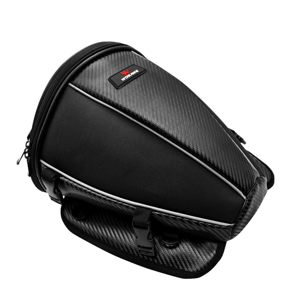 Black waterproof motorcycle tail bag with reflective stripe, showing multiple pockets and a carrying strap.