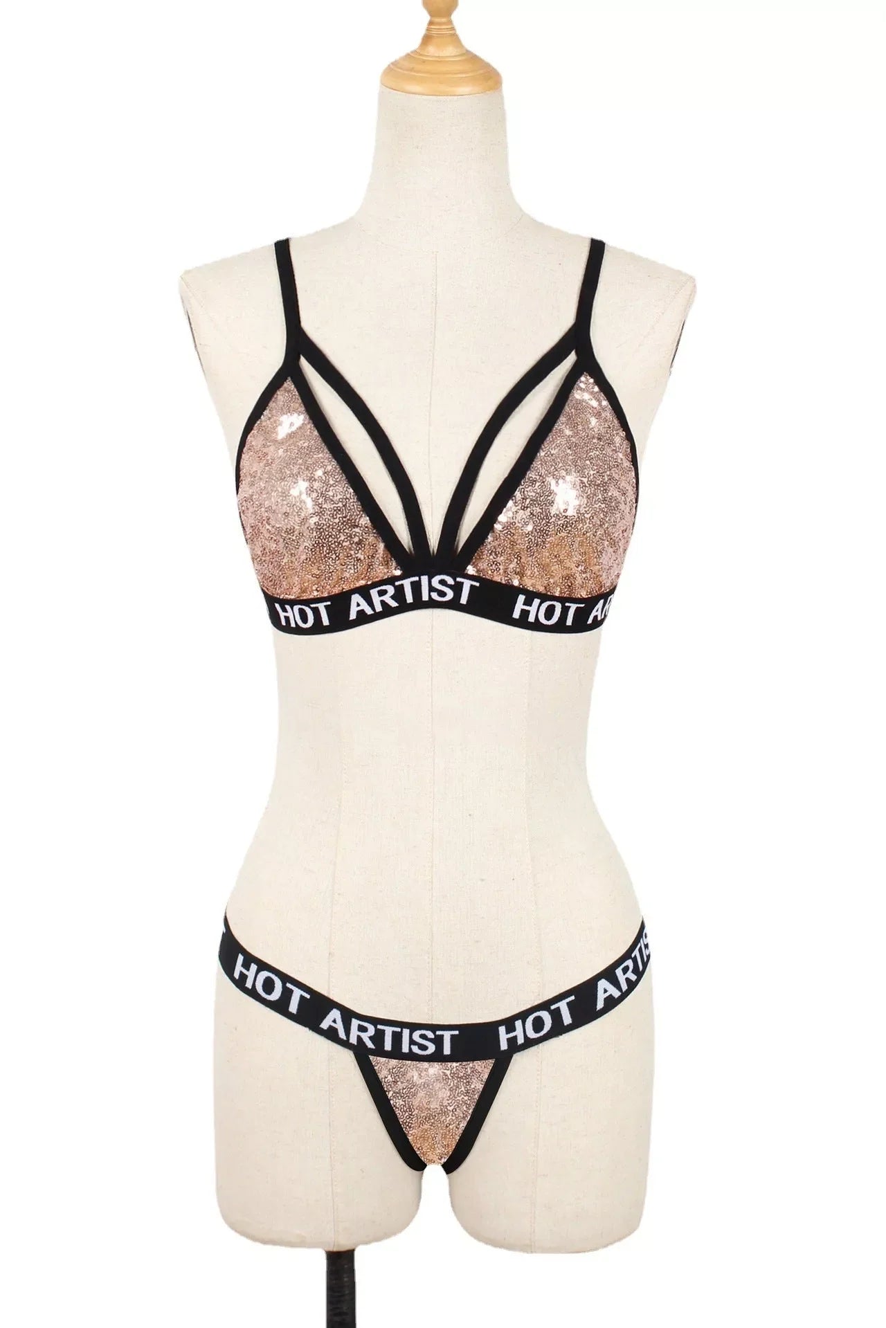 Ladies Fashion Sequin Lingerie Bikini Set in silver and black