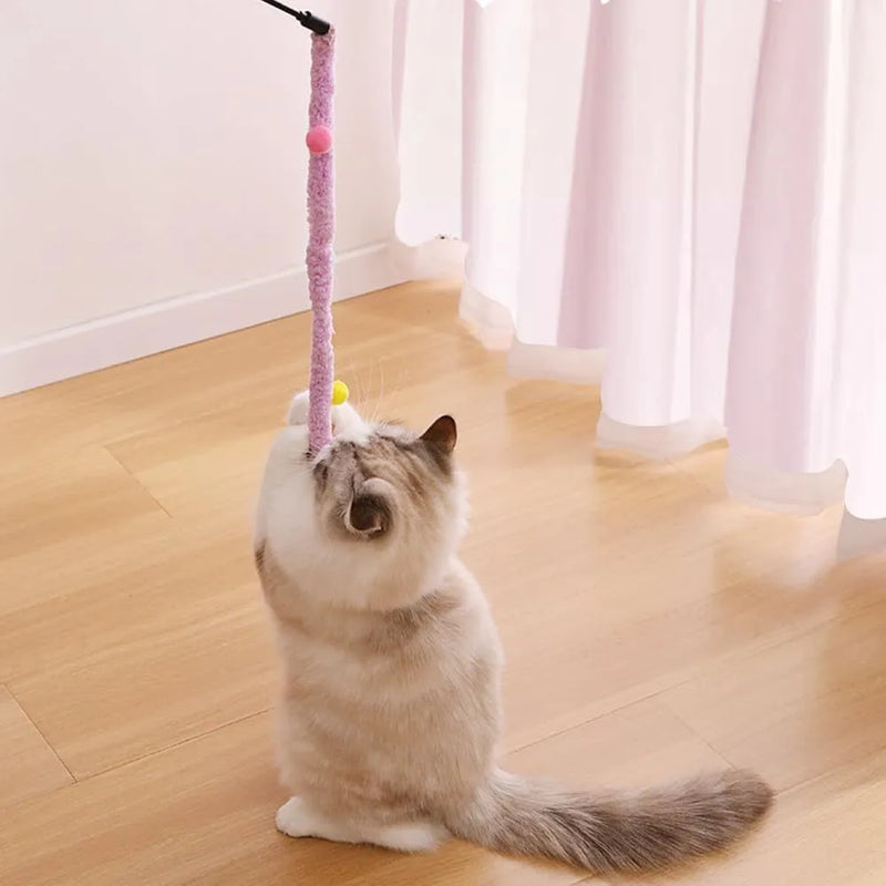 Cat toys plush strip cat wands interactive cat toys featuring a colourful cat teaser wand and bell, a pole measuring 41cm with a 60cm soft non-shedding plush strip suitable for indoor play with all breed sizes.