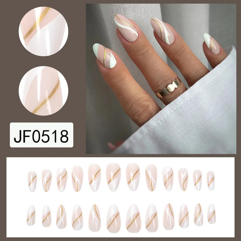 Nail stickers with golden lines and wearable armour design in plaid pattern JF0518 jelly glue colour, medium size drop shape decorative nail art appliques for DIY manicure