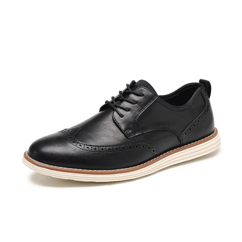 Men's black and brown slip-on business casual shoes with round toe and carved PU upper.