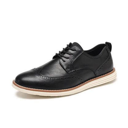 Men's black and brown slip-on business casual shoes with round toe and carved PU upper.