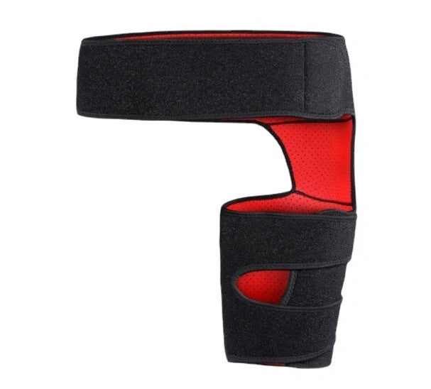 Inguinal hip support strap with rubber construction and adjustable fastening