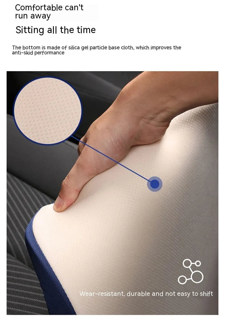 Black thick foam car seat cushion for height adjustment, shown on a car seat.