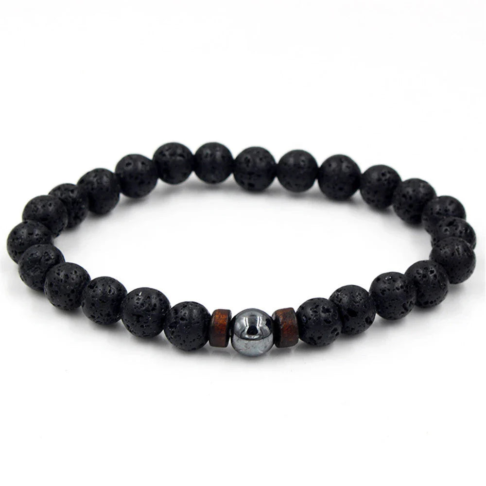 Stylish men's bracelet made with natural volcanic stone, flash stone, and wood chip in a geometric, mosaic-like design