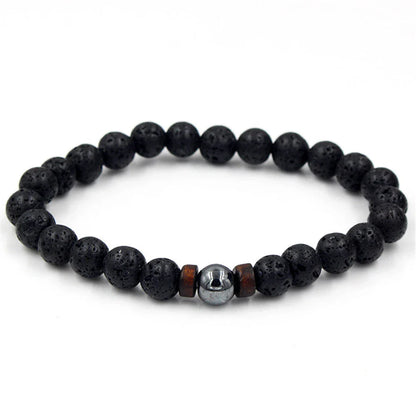 Stylish men's bracelet made with natural volcanic stone, flash stone, and wood chip in a geometric, mosaic-like design