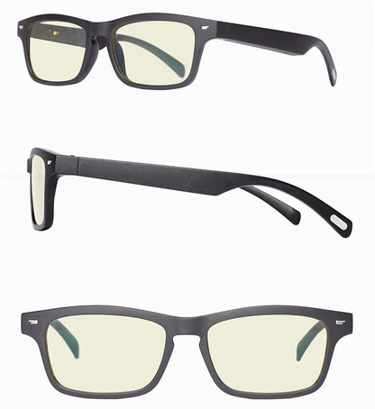 Smart glasses with semi-open Bluetooth audio, anti-blue light lenses, and IPX7 waterproof rating on a person