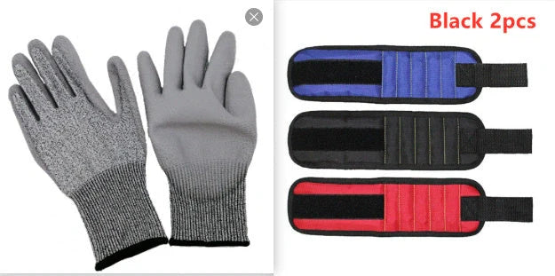 Powerful Magnetic Wristband in blue, black, and red holding tools securely