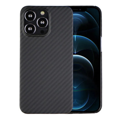Dull black Kevlar fibre iPhone case with a stripe design on the back, shown on an iPhone model.