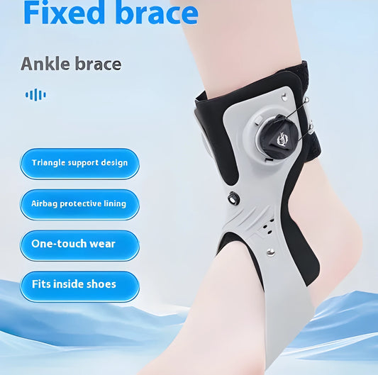 Grey ankle support brace with an airbag button, shown on a foot.