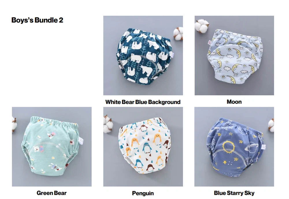 Washable baby training pants with 6-layer gauze construction in pure cotton, showing five colour options