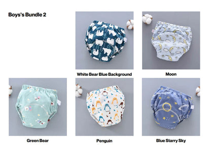 Washable baby training pants with 6-layer gauze construction in pure cotton, showing five colour options