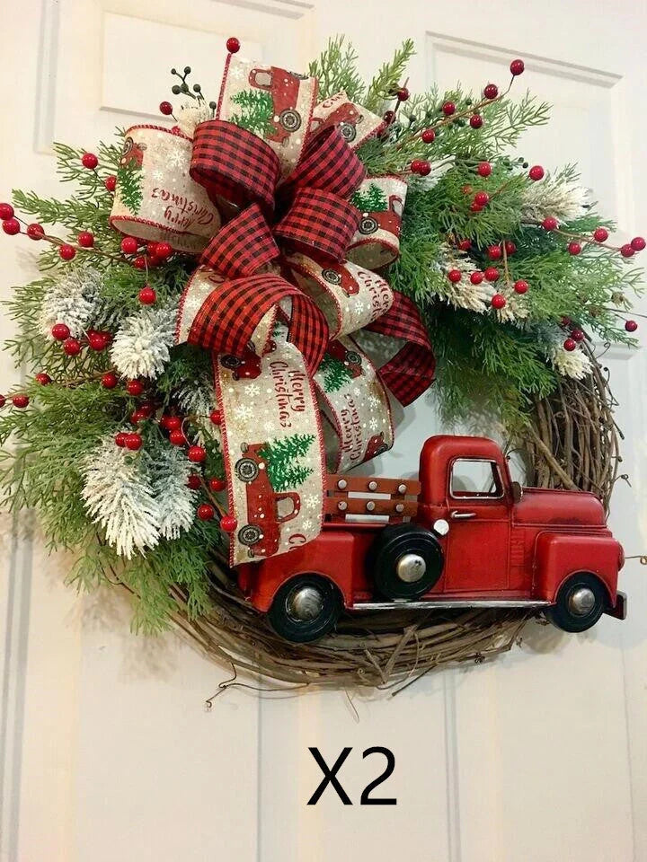 Red truck wooden Christmas garland with pumpkin accents for festive holiday decor
