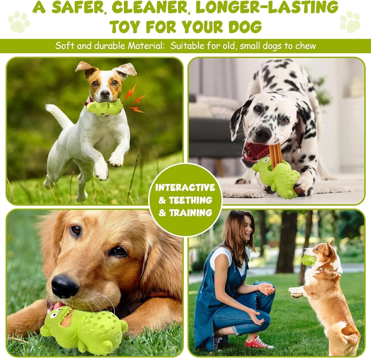 Green and yellow natural rubber dog toy for aggressive chewers with rounded design