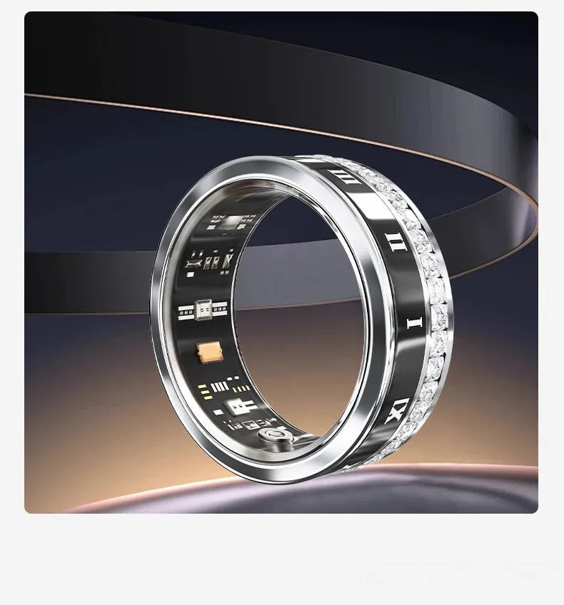Gold and silver diamond-inlaid smart ring for blood oxygen monitoring on a finger.
