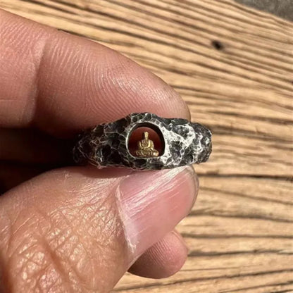 Hand-forged copper ring with rock texture and retro Buddha design, size 8, unisex jewellery