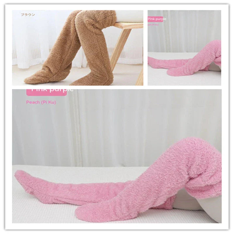 Cozy over-the-knee fuzzy socks in various colors, including brown, blue, dark gray, pink, silver, and more. Comfortable cotton design for warm, snug legs.