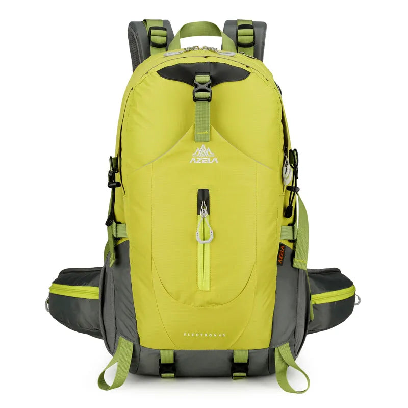 AZELA Electron 40L hiking backpack in white and navy with multiple compartments and adjustable straps