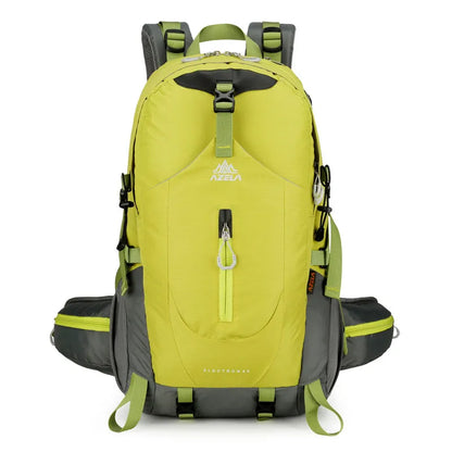 AZELA Electron 40L hiking backpack in white and navy with multiple compartments and adjustable straps