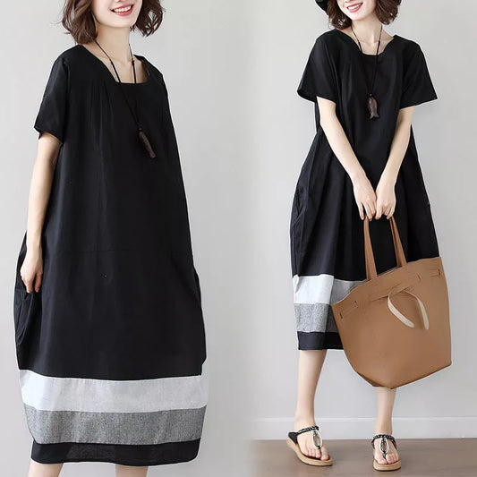 Black linen short sleeve dress for women in large size, perfect for summer.