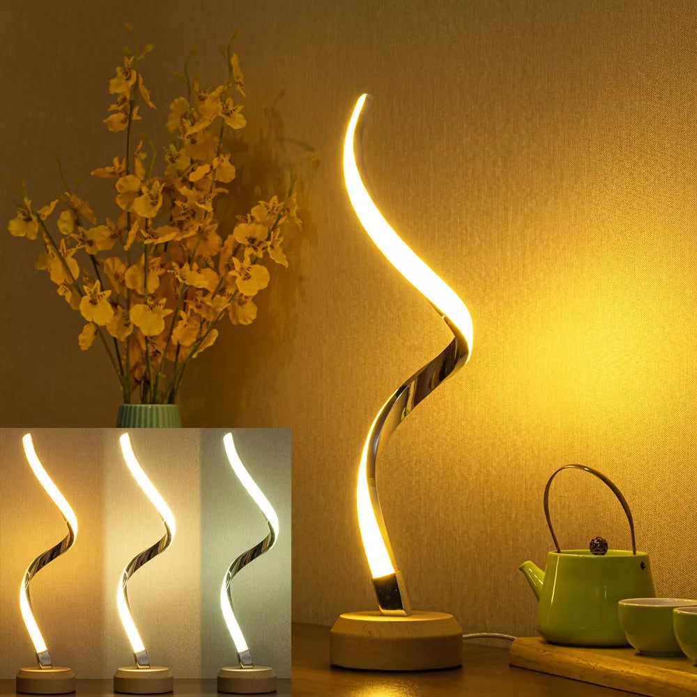 LED Spiral Table Lamp with wooden base and dimmable warm white light