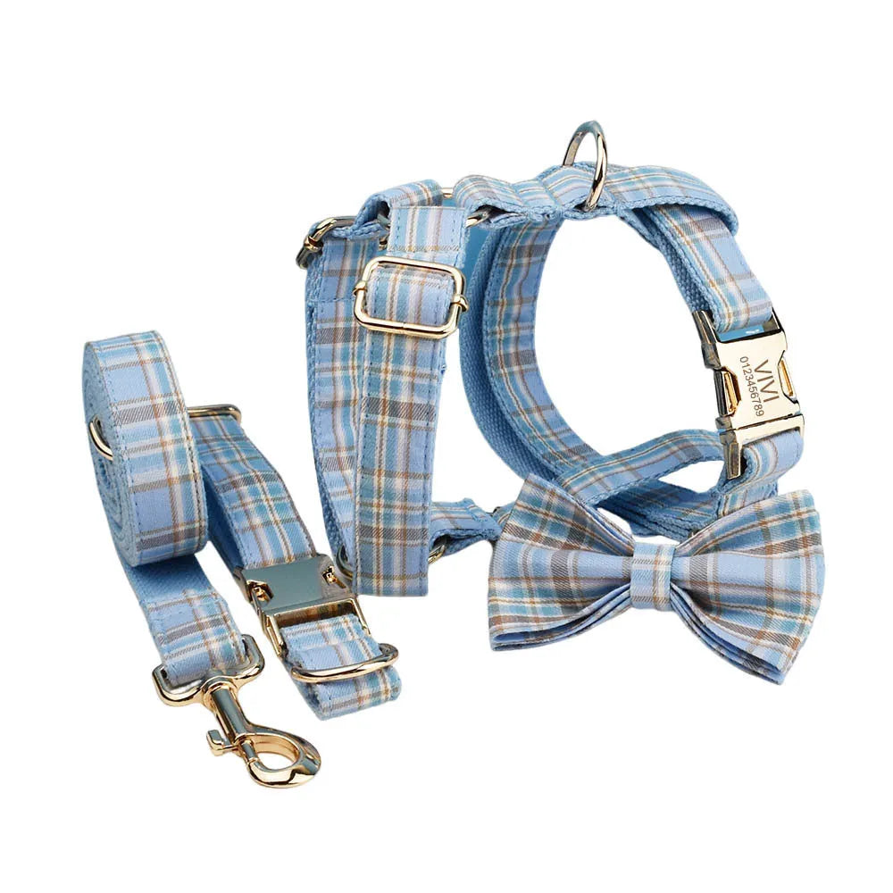 Sky blue grid pattern fabric dog collar, leash, vest, and bow set on a white background.