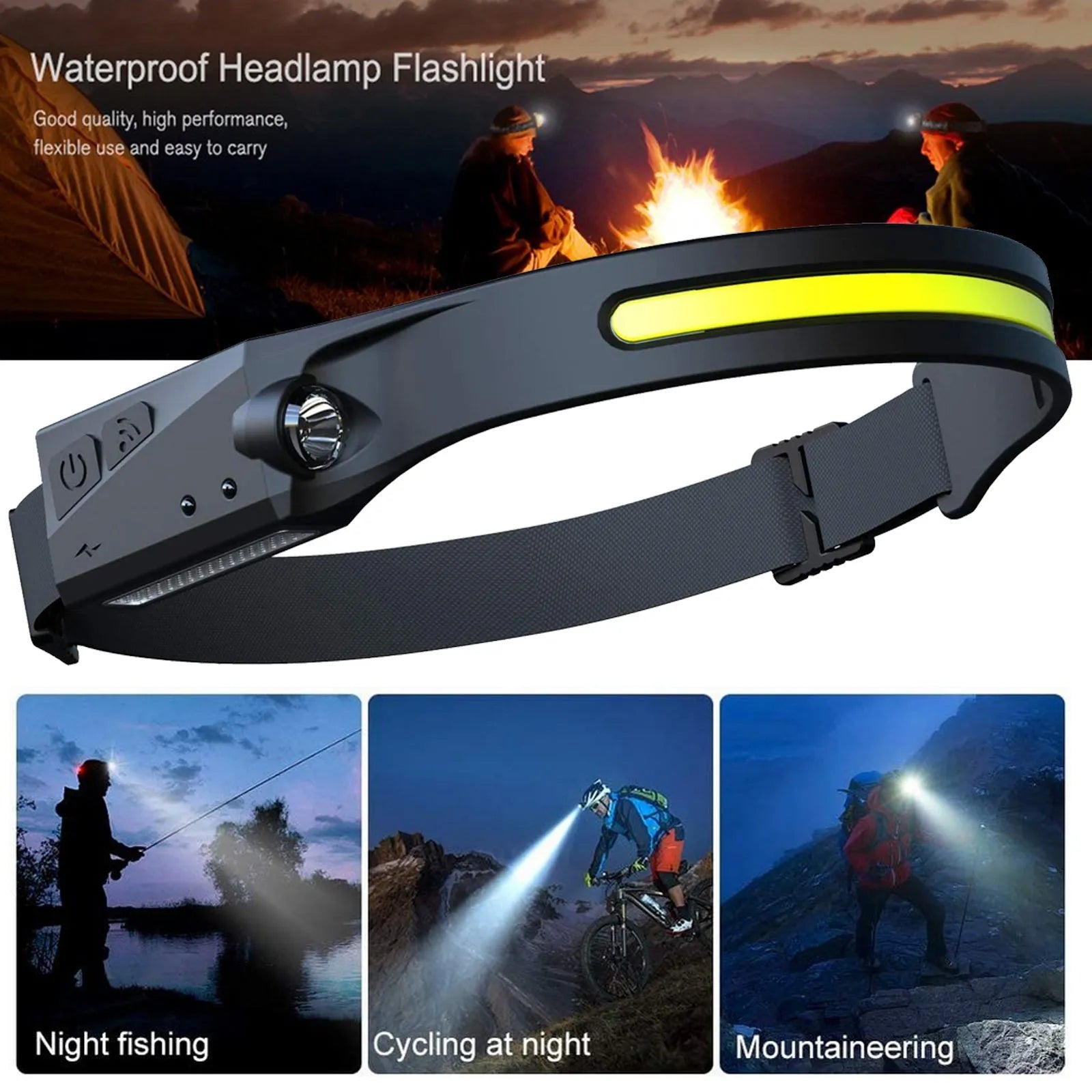 Black silicone USB rechargeable headlamp with a wide COB LED lens and a side wave sensor.