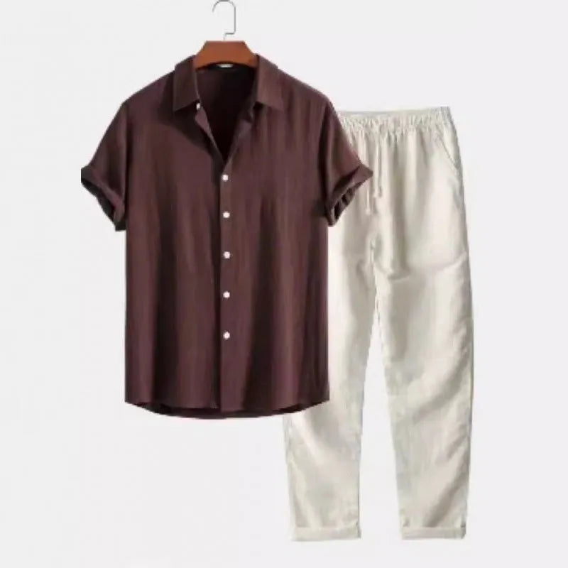 Men's loose fit short sleeve shirt and trousers casual suit set in various colours