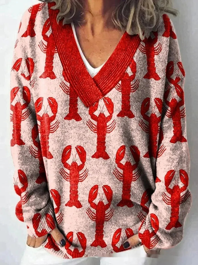 Women's V-neck long sleeve sweatshirt with a 3D floral print pattern in art retro style.