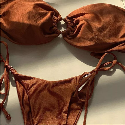 Solid Color Split Ladies Tube Top Bikini in red coffee, featuring a tube top design without steel support.