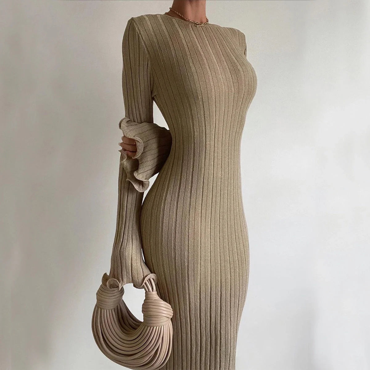 Elegant long-sleeve knitted maxi dress for women in khaki, black, and white