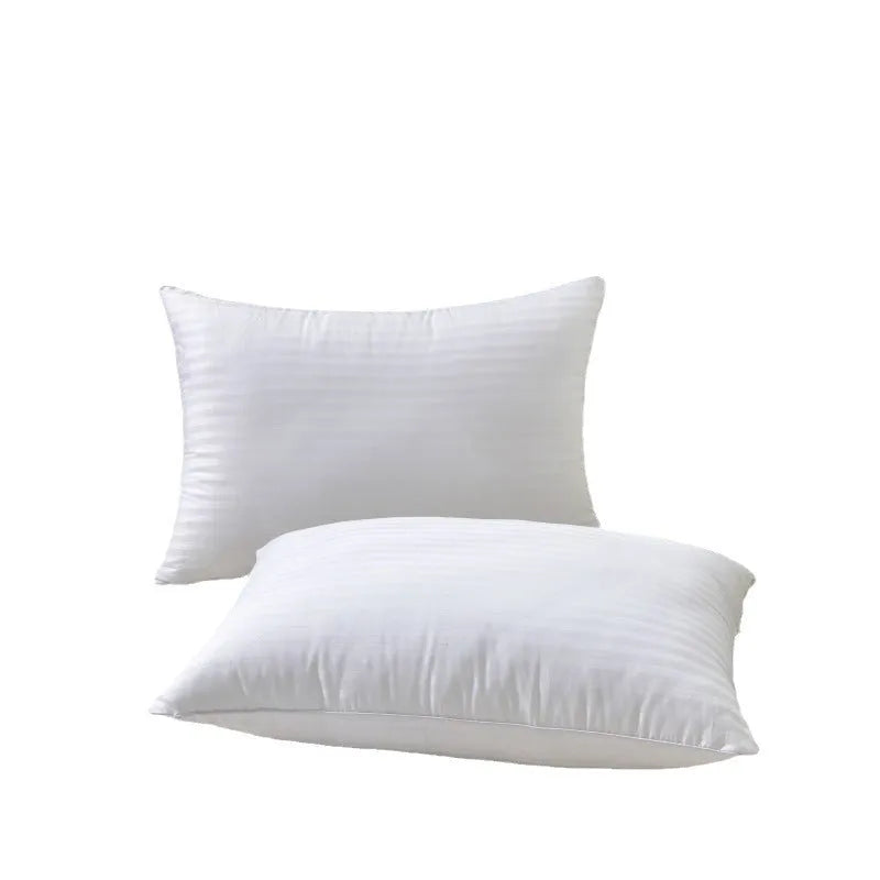 White cotton satin stripe pillow with feather-cotton filler in 900g, 1000g, or 1100g weights and 45x65cm, 48x74cm, 50x80cm sizes