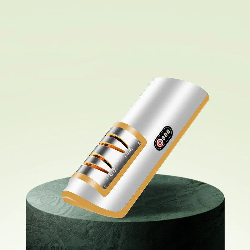 Electric knife sharpener with USB recharging, adjustable settings, and modern design for precise, easy blade honing