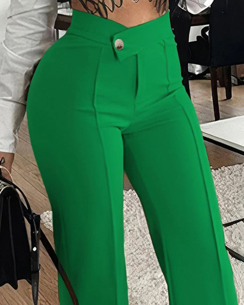Women's slim straight-leg pants with buckle detail in various colors