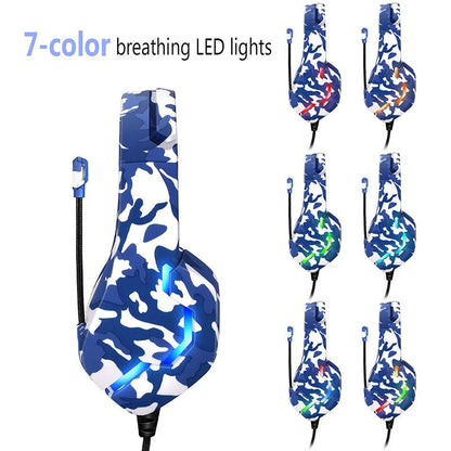 Blue and white camouflage wired gaming headset with cloth earmuffs and a braided cable.