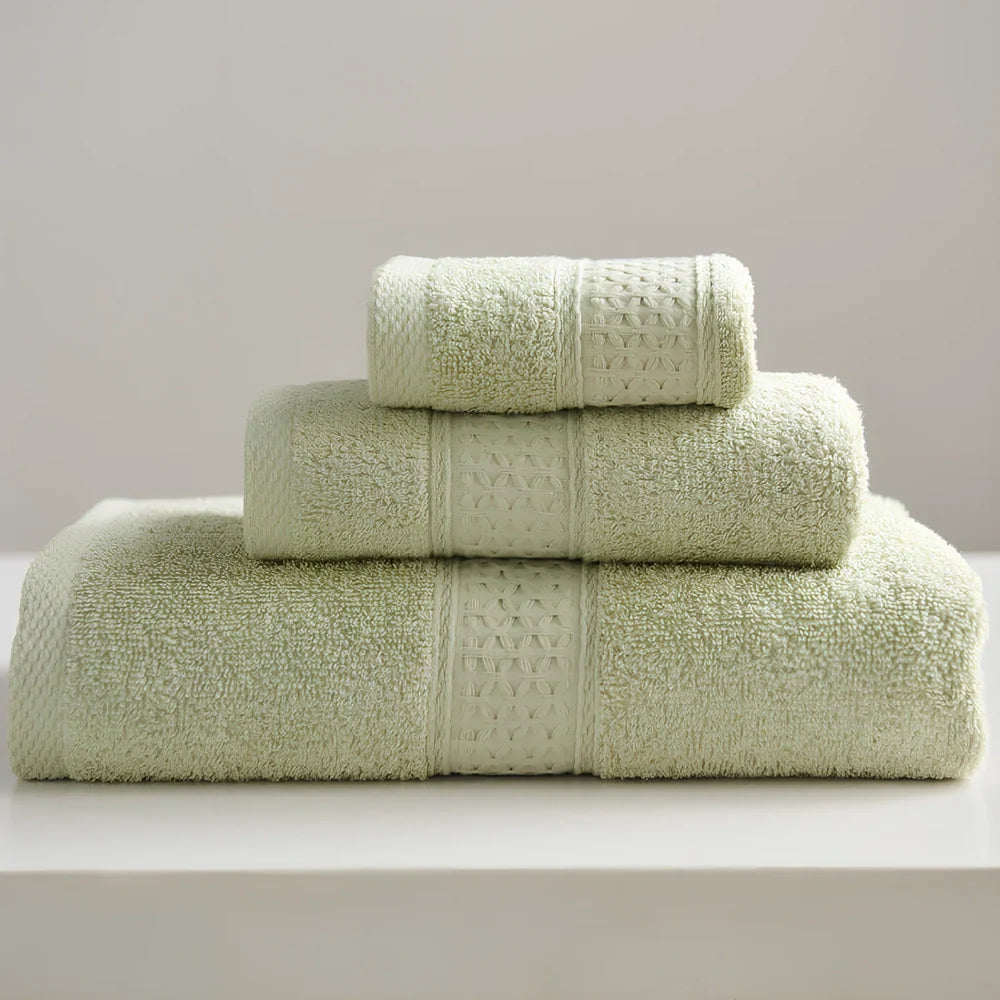 Three cotton towels: 33cm square, 32cm×73cm standard, 70cm×140cm bath towel in coordinated colours
