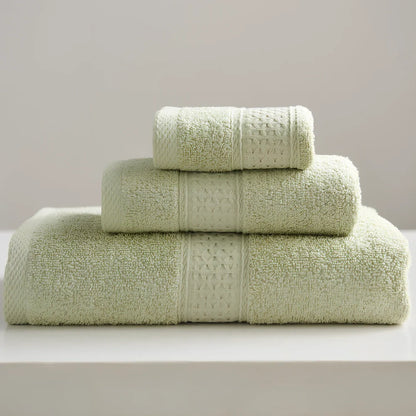 Three cotton towels: 33cm square, 32cm×73cm standard, 70cm×140cm bath towel in coordinated colours