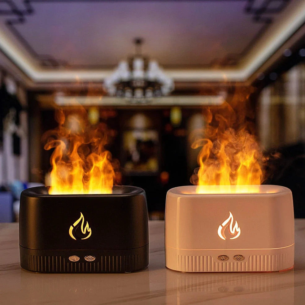 White flame humidifier aroma diffuser measuring 171mm tall with 230ml water tank capacity on wooden surface