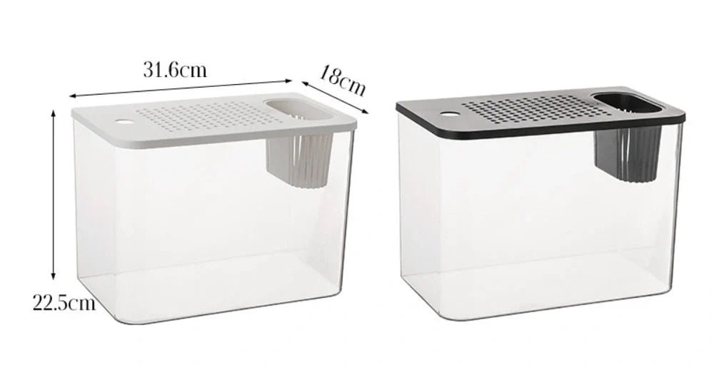 Black ecological betta tank with cover measuring 32cm wide by 18.5cm deep on living room shelf