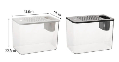 Black ecological betta tank with cover measuring 32cm wide by 18.5cm deep on living room shelf