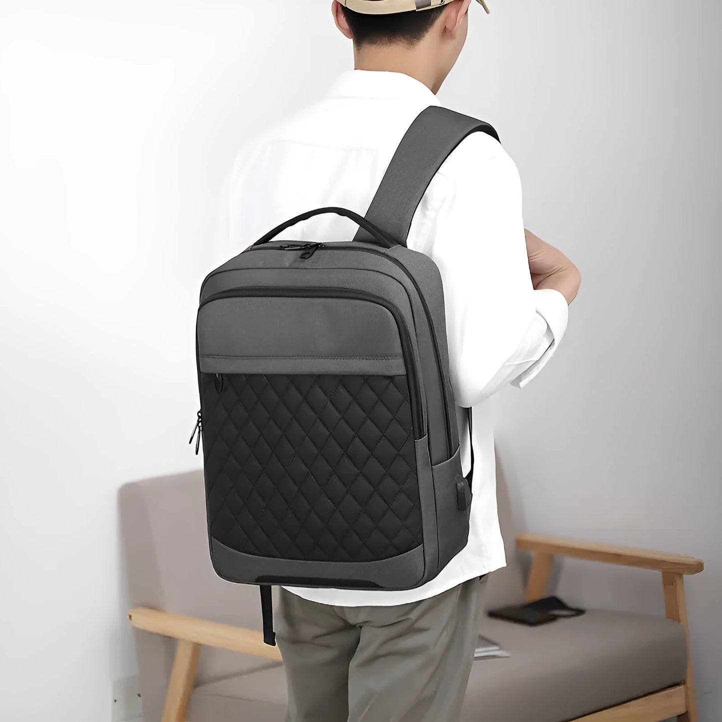 Men's Oxford cloth travel backpack with curved shoulder straps in black colour option