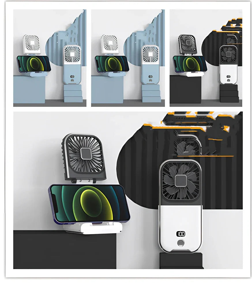 F30Pro folding portable handheld fan in white with digital display, 169x81x20mm size, USB charging, plastic blades for cooling