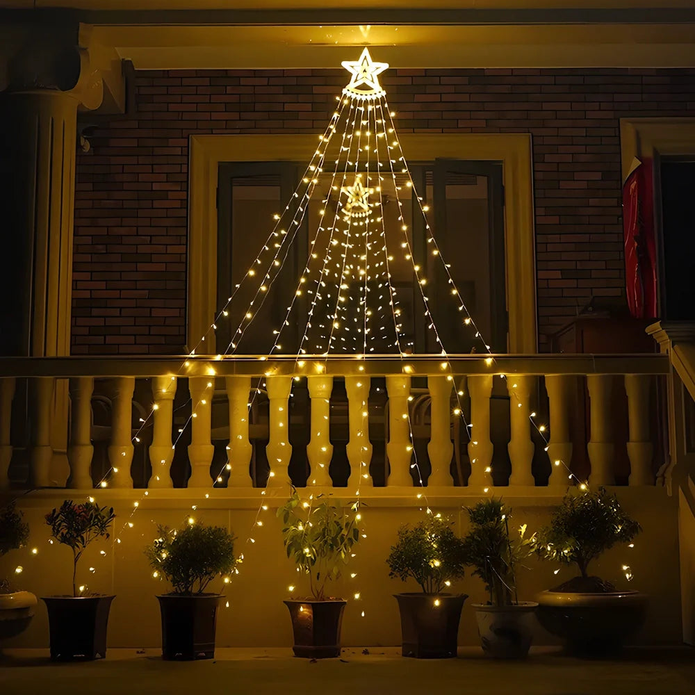 LED five-pointed star waterfall light, 1000mm length with 1000 lumens warm white glow for outdoor courtyard decoration, IP44 rated