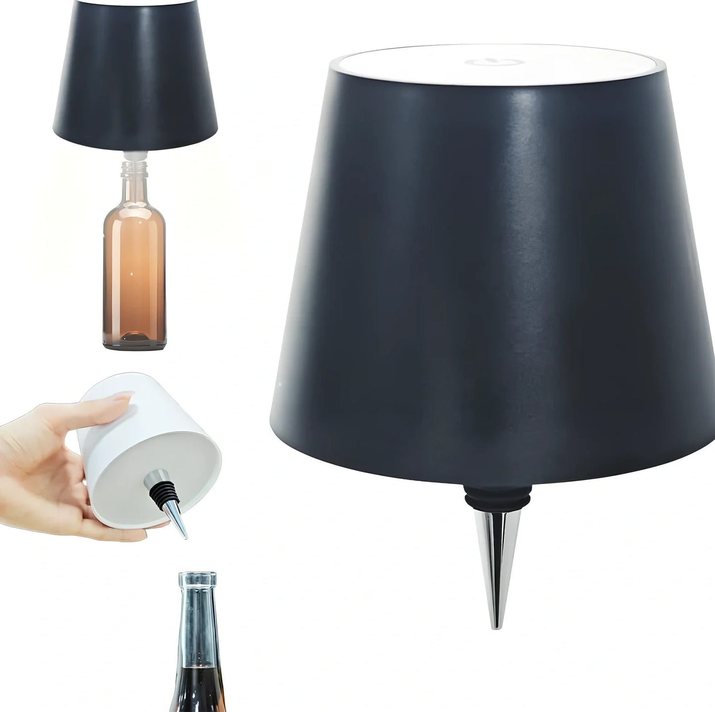 White cylindrical LED wine bottle table lamp with touch dimming and USB charging port