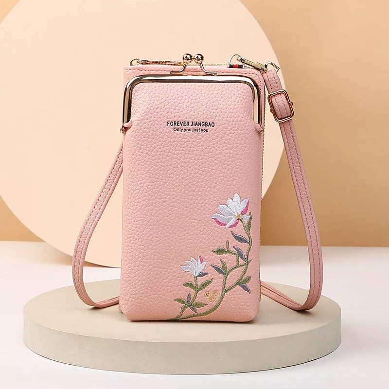 Flower embroidery phone bag with lock buckle in multiple colors